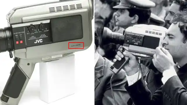 Left: Image of JVC GX-88E. Right: Rajiv Gandhi holding the same camera.