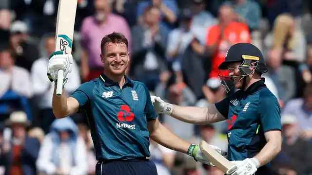 England’s Jos Buttler celebrates scoring a century during the second ODI against Pakistan on 11 May 2019. 