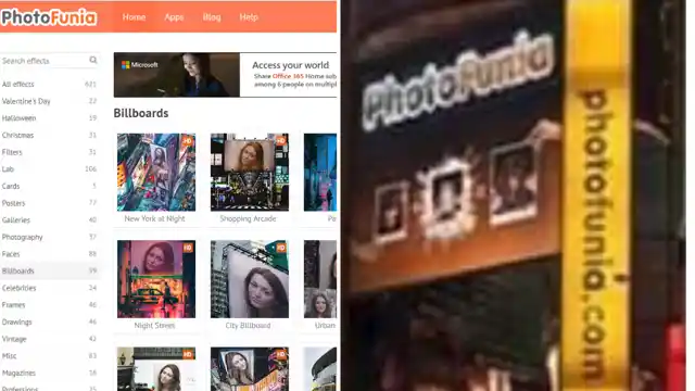 Left: Free templates available on the photo editing website. Right: Branding of photofunia.com seen on the viral image.