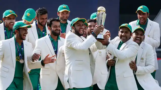 The Pakistan team celebrate their 2017 ICC Champions Trophy title.