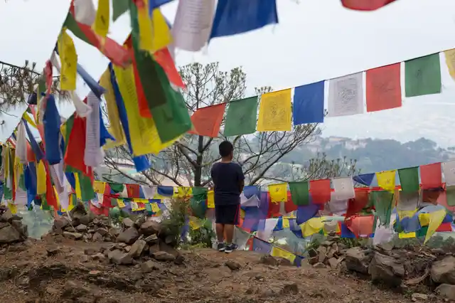 An exile Tibetan boy stands near strings of prayer flags as he waits for his mother in Dharmsala.