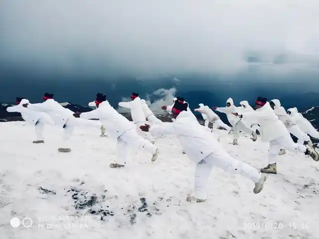 Jawans of the Indian Army participate in Yoga Day 2019 celebrations on Himalayas.