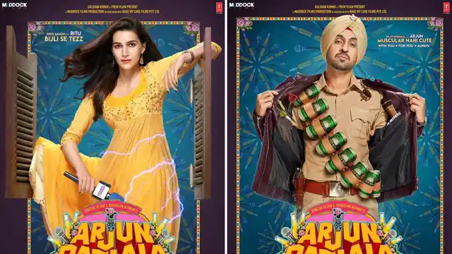 Kriti Sanon and Diljit Dosanjh in posters for <i>Arjun Patiala</i>.