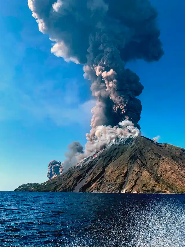 Smoke billows from the volcano on the Italian island of Stromboli, Wednesday, 3 July 2019.