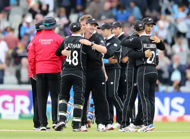 New Zealand cricketers celebrate after winning the Cricket World Cup semifinal match against India at Old Trafford in Manchester, Wednesday, July 10, 2019. (AP Photo/Rui Vieira)