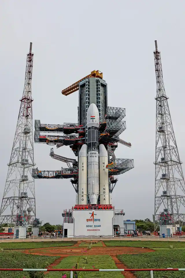 ISRO’s GSLV Mk-III launch vehicle rests at the Satish Dhawan Space Centre in Sriharikota. The GSLV Mk III will carry Chandrayaan 2, India’s second moon mission.