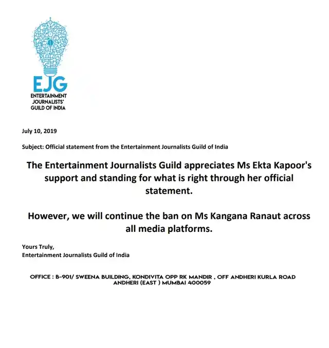 Entertainment Journalists Guild responds to Balaji Telefilms’ apology.