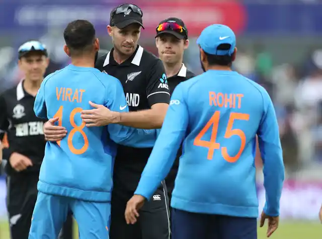 India’s captain Virat Kohli, second left, hugs to congratulate New Zealand’s Tim Southee on their win in the Cricket World Cup semi-final match between India and New Zealand at Old Trafford in Manchester, England, Wednesday, July 10, 2019.