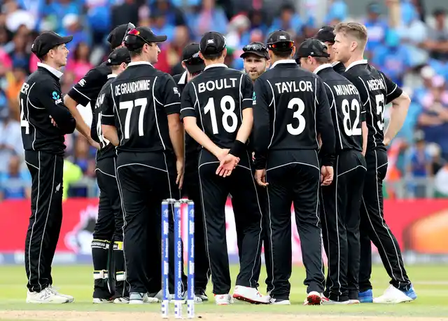 New Zealand players celebrate their win over India in the Cricket World Cup semi-final match at Old Trafford in Manchester, England, Wednesday, July 10, 2019. 