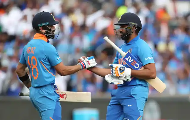 Virat Kohli & Rohit Sharma during the Cricket World Cup match against Sri Lanka on 6 July.