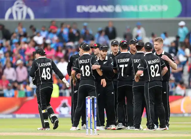 New Zealand players celebrate their win over India in the Cricket World Cup semi-final match at Old Trafford in Manchester, England, Wednesday, July 10, 2019. 