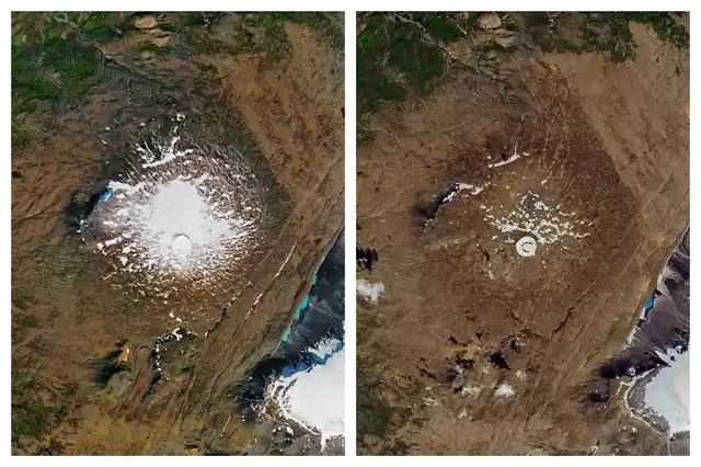 This combination of 14 September 1986, left, and 1 August 2019 photos provided by NASA shows the shrinking of the Okjokull glacier on the Ok volcano in west-central Iceland. A geological map from 1901 estimated Okjökull spanned an area of about 38 square kilometers (15 square miles). In 1978, aerial photography showed the glacier was 3 square kilometers. In 2019, less than 1 square kilometer remains. 