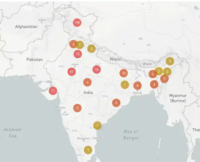 The map shows the 178 reported Internet shutdowns in Jammu and Kashmir as of 9 August 2019, significantly higher than any other state. 