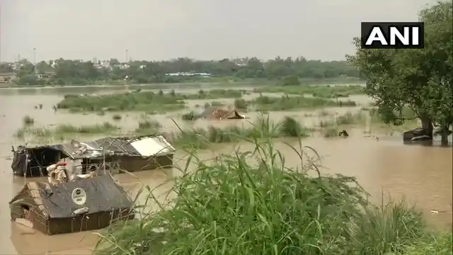 Houses at Kisan colony and Yamuna Khadar near ISBT Kashmere Gate submerged in water from overflowing Yamuna river.
