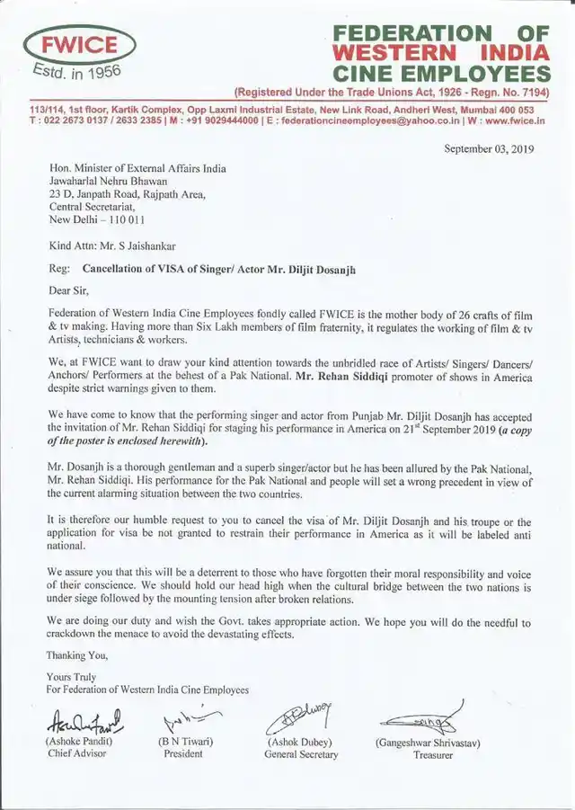 The letter shared by Federation of Western India Cine Employees
