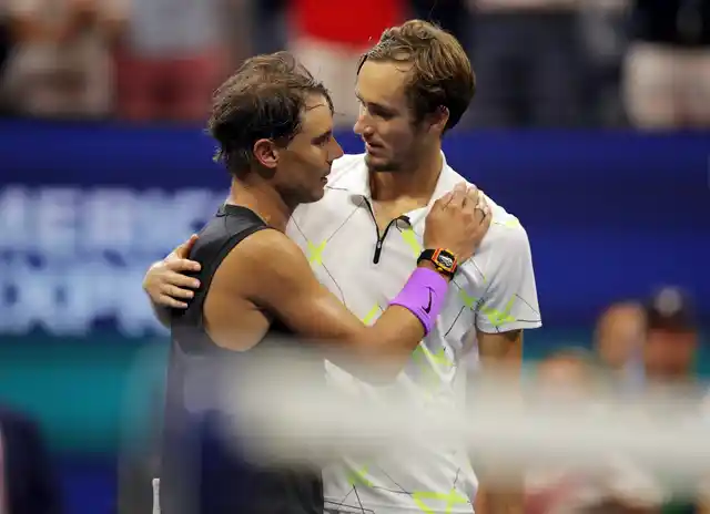 Daniil Medvedev, of Russia, congratulates Rafael Nadal, of Spain, after Nadal won the men’s singles final of the U.S. Open tennis championships Sunday, Sept. 8, 2019, in New York. 