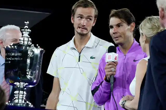 Rafael Nadal, of Spain, right, answers questions after defeating Daniil Medvedev, of Russia, left, to win the men’s singles final of the U.S. Open tennis championships Sunday, Sept. 8, 2019, in New York. 