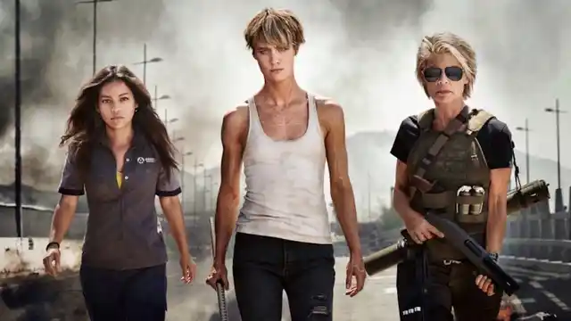 Natalia Reyes, Mackenzie Davis and Linda Hamilton in <i>Terminator: Dark Fate</i>.