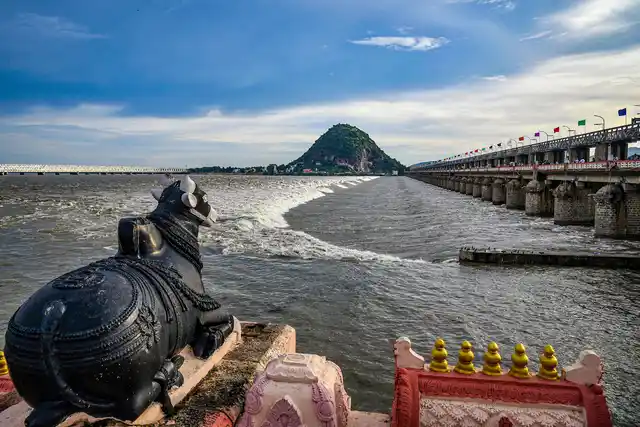 Water gushes out of the Prakasam Barrage after its gates were opened to release excess water following heavy rainfall, in Vijayawada, Thursday, 24 Oct 2019.