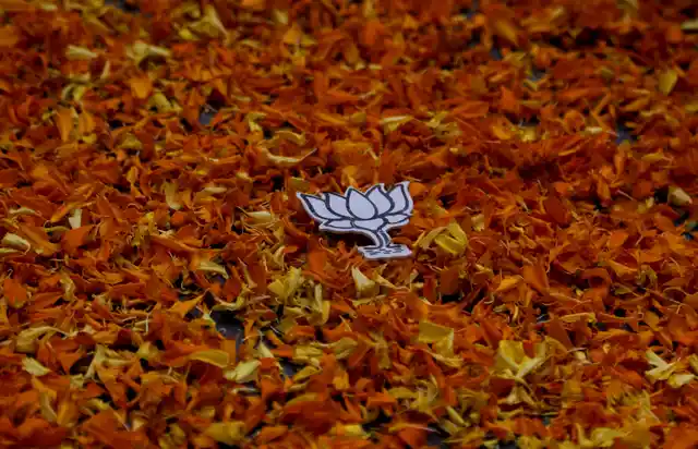 A symbol of the Bharatiya Janata Party (BJP) lies on a bed of flower petals at the BJP office in Mumbai, India, Thursday, 24 Oct 2019.