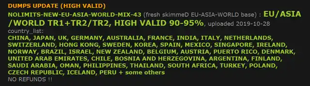 The above is an example of how an advert on Joker Stash looks like which has card dumps from multiple countries. 