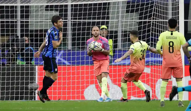 Manchester City’s Kyle Walker playing as goalkeeper during the Champions League group C game between Atalanta and Manchester City at the San Siro stadium in Milan, Italy.