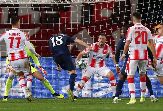 Tottenham’s Giovani Lo Celso scores his side’s first goal during the Champions League group B game between Red Star and Tottenham, at the Rajko Mitic Stadium in Belgrade, Serbia.