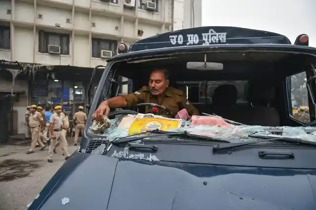 Police personnel at Tis Hazari Court complex after clashes between lawyers and police personnel, in New Delhi.
