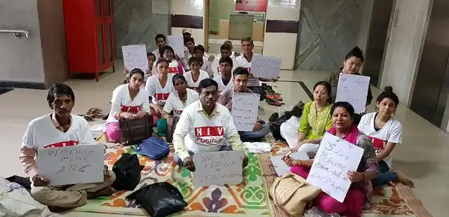 Sit-in protest against stock-out of third line ARV (anti-retroviral) drugs, at NACO’s office in New Delhi on 11 July 2018.