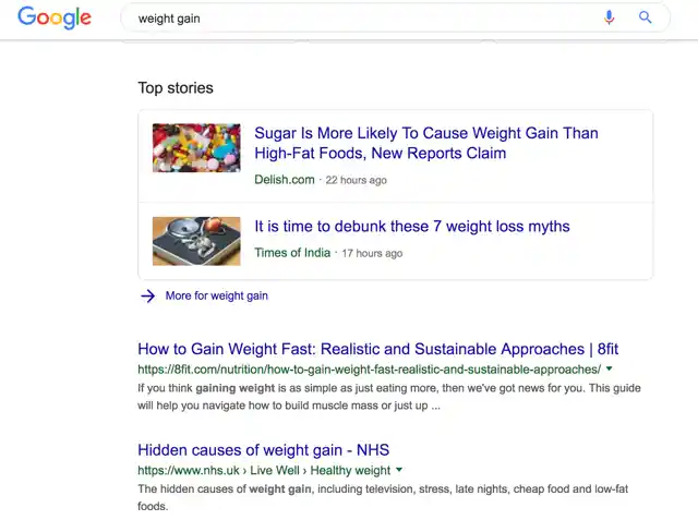 Searching for ‘weight gain’ options on Google