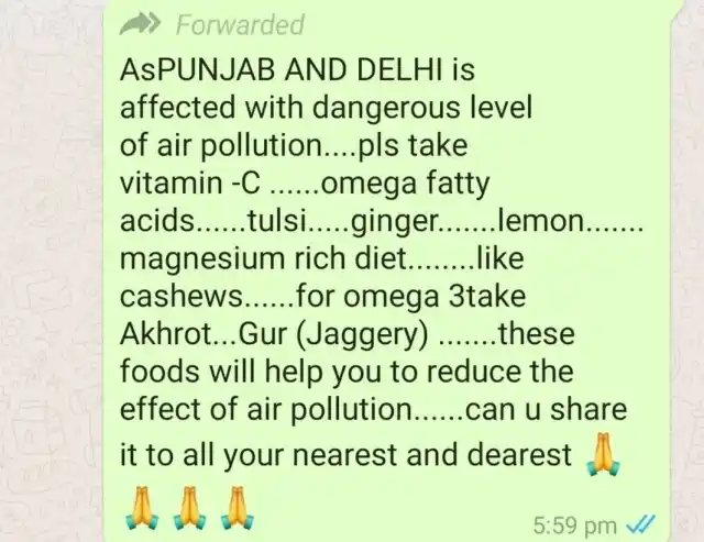 WhatsApp forward stating that certain foods can be helpful in reducing the damage from polluted air.