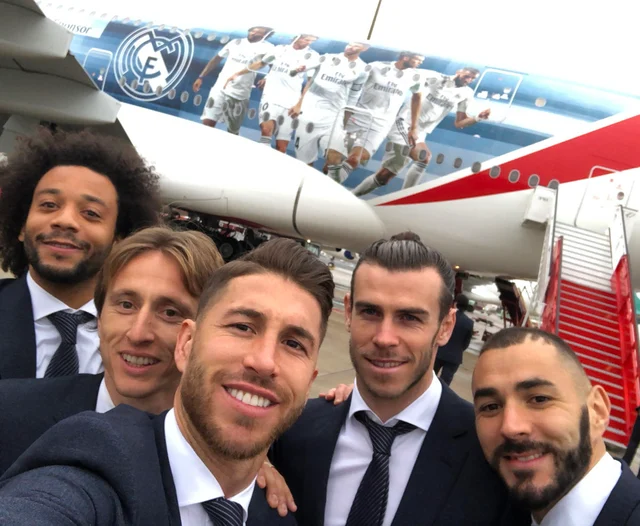 Real Madrid players (from left to right) Marcelo, Luka Modric, Sergio Ramos, Gareth Bale and Karim Benzema take a selfie in front of the special A380