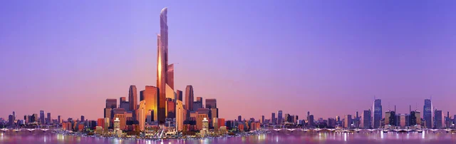 An animated rendering of the new city showing the Burj Mubarak Al Kabir Tower