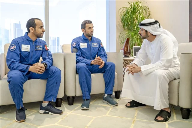 Crown Prince of Dubai and Chairman of the Mohammed bin Rashid Space Centre H.H. Sheikh Hamdan bin Mohammed bin Rashid Al Maktoum with Emirati astronauts Hazza Al Mansoori and Sultan Al Neyadi. 