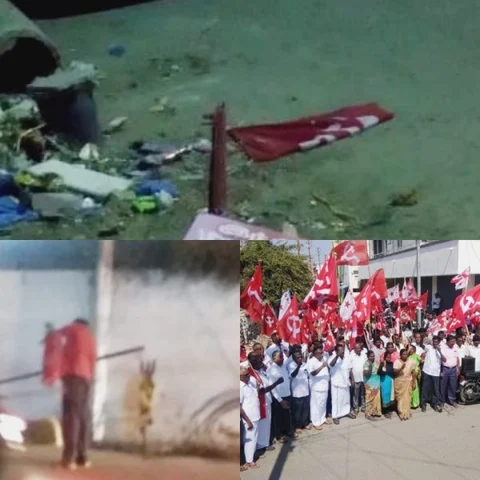 ``கம்யூனிஸ்ட் கொடிக் கம்பங்களைச் சாய்த்த விஷ்வஹிந்து பரிஷத் அமைப்பினர்!" - கோவையில் பதற்றம்