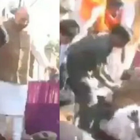 பிரசாரத்தில் கீழே விழுந்த அமித் ஷா... அபசகுணமாக நினைக்கும் தொண்டர்கள்!