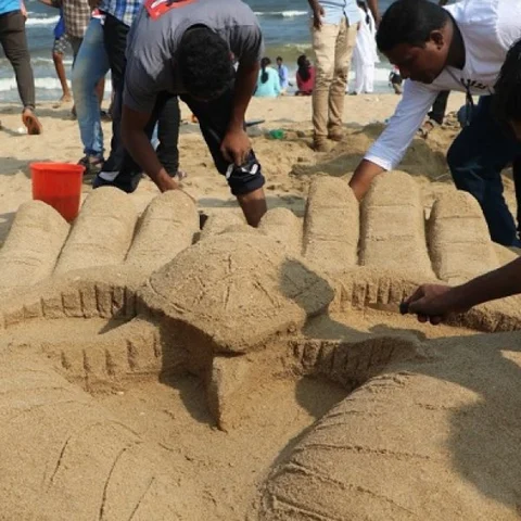 ஆமை உருவ மணல் சிற்பங்களை உருவாக்கி அசத்திய மாணவர்கள்!