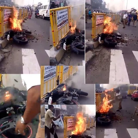 நடுரோட்டில் தீப்பிடித்த பைக்; பதறிய கல்லூரி மாணவர்- காப்பாற்றிய போலீஸ்காரர்