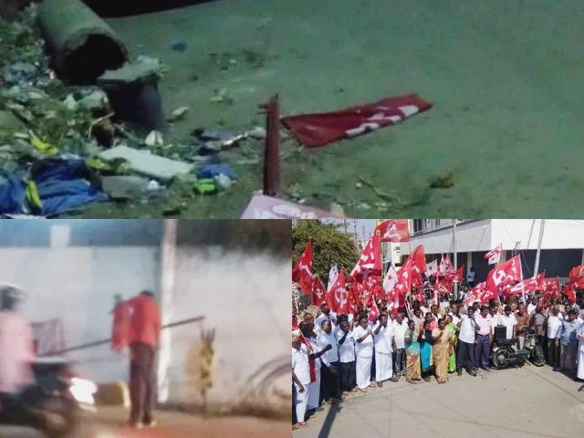 ``கம்யூனிஸ்ட் கொடிக் கம்பங்களைச் சாய்த்த விஷ்வஹிந்து பரிஷத் அமைப்பினர்!" - கோவையில் பதற்றம்