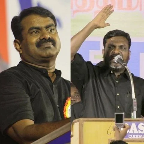 'இந்த நிலையில் ஏன் இவ்வளவு தடுமாற்றம் திருமாவளவன்?!’ - கேள்வியெழுப்பும் சீமான் #VikatanExclusive