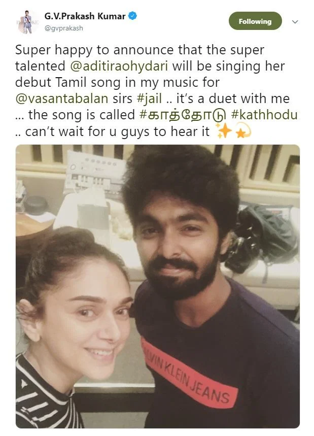 தமிழில் பாடவுள்ளார் அதிதி ராவ்! - ஜி.வி இசையில் முதல் பாட்டு