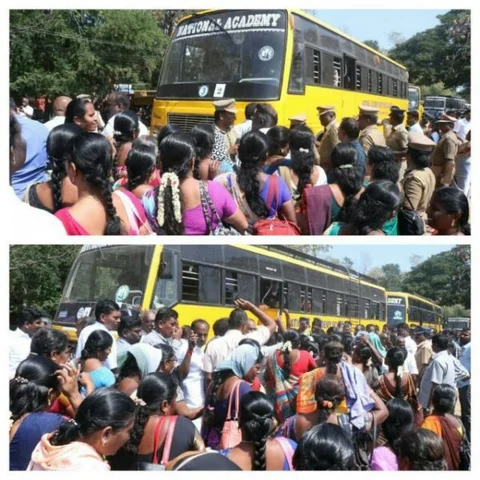 மறியல் செய்த ஆசிரியர் - அரசு ஊழியர்களைக் கைது செய்ய வாகனங்கள் கொடுத்து உதவிய தனியார் பள்ளிகள்!