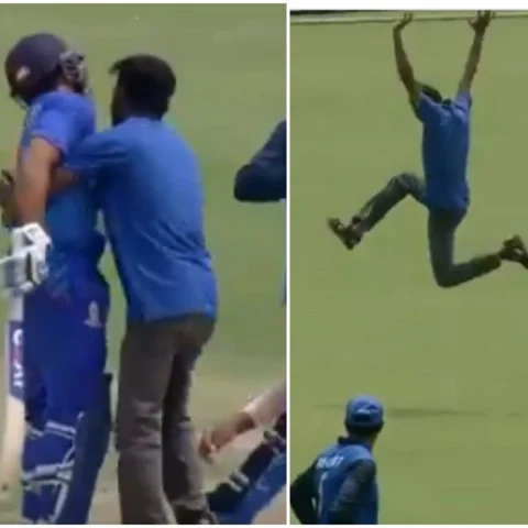 `ரோஹித் ஷர்மாவைக் கட்டிப்பிடித்த மகிழ்ச்சியில் துள்ளிக்குதித்த ரசிகர்!’ - வைரல் வீடியோ
