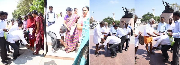 ஓட்டுக்கு பணம் வாங்காதீர்: மக்களின் காலில் விழுந்து வேண்டுகோள்! (படங்கள்)