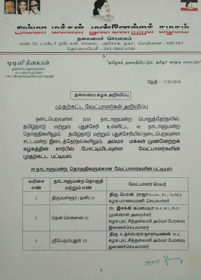 தகுதி நீக்கம் செய்யப்பட்டவர்கள் மீண்டும் போட்டி - வெளியானது அ.ம.மு.க வேட்பாளர் பட்டியல்