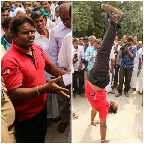 `பரம்பரை சொத்தை அறநிலையத்துறை எடுத்துக்கிட்டாங்க' - தலைகீழாக நடந்து வந்துஆட்சியரிடம் மனு