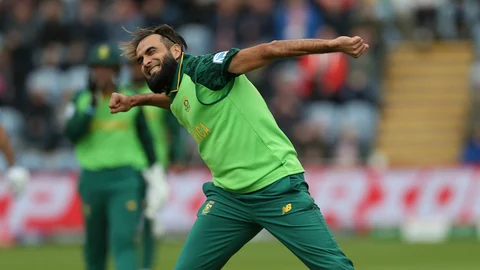 Imran Tahir celebrates taking the wicket of of Afghanistan's Asghar Afghan.