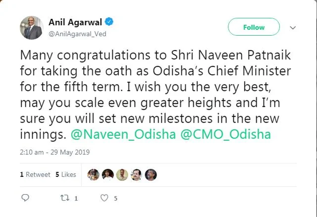 `நீங்கள் பல சாதனைகள் புரிய வேண்டும்!' - மாநில முதல்வரை வாழ்த்திய ஸ்டெர்லைட் ஓனர்