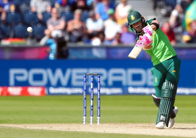 South Africa's captain Faf du Plessis plays a shot from Sri Lanka's bowler Suranga Lakmal.