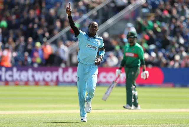 Jofra Archer celebrates bowling out Bangladesh's Soumya Sarkar.